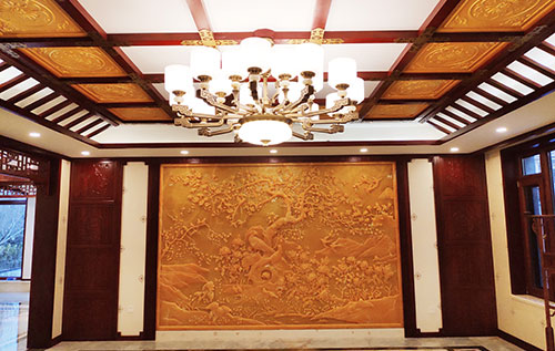 二七中式别墅客厅中式木作横梁吊顶装饰展示