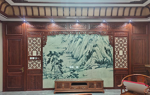 二七中式仿古别墅客厅背景墙花格木作装饰